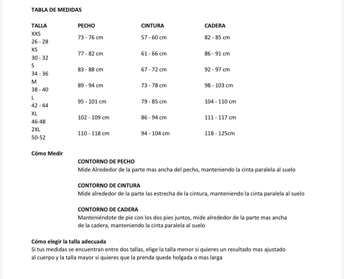 Tabla de tallas